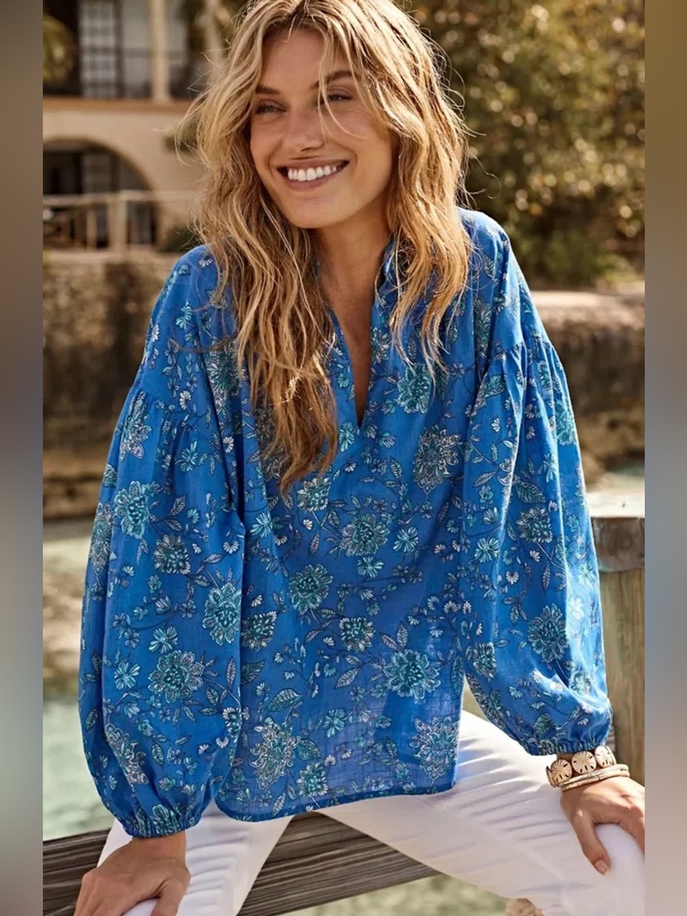 J.Jill Oversized Split-Neck Jacobean Floral Blue Peasant Blouse Small